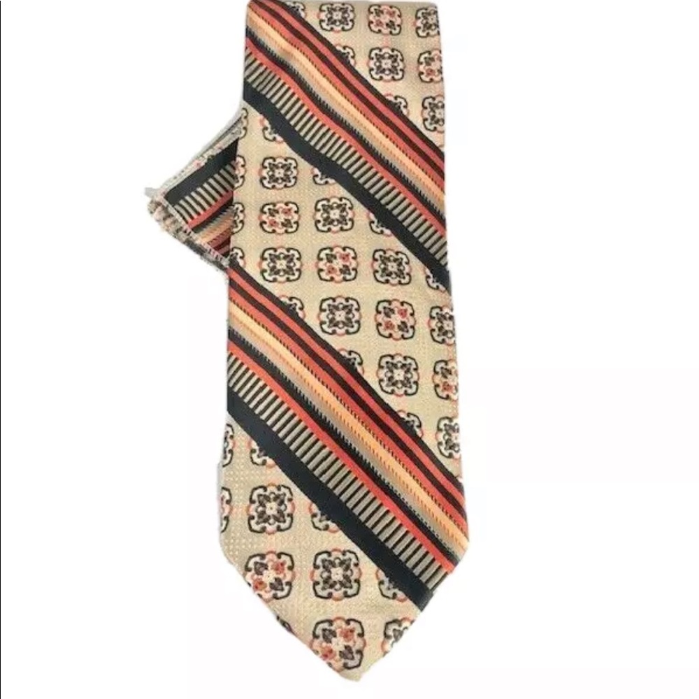 Bruno Conte Men's Tie & Hanky Khaki Black Orange Stripes Floral Pattern 4" Wide